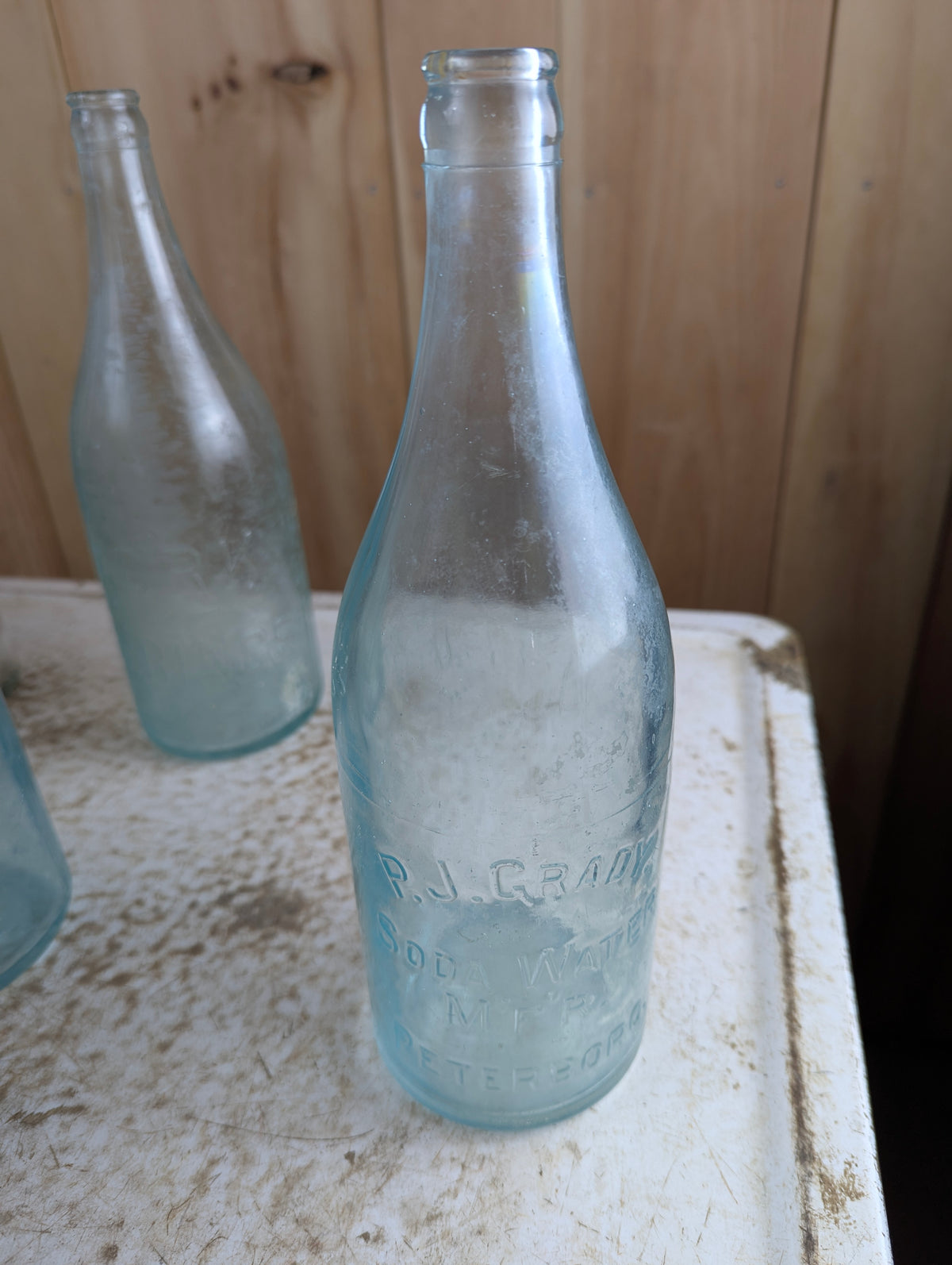 Antique P.J. Grady Soda Water Peterboro Embossed Aqua Glass Quart Bottle