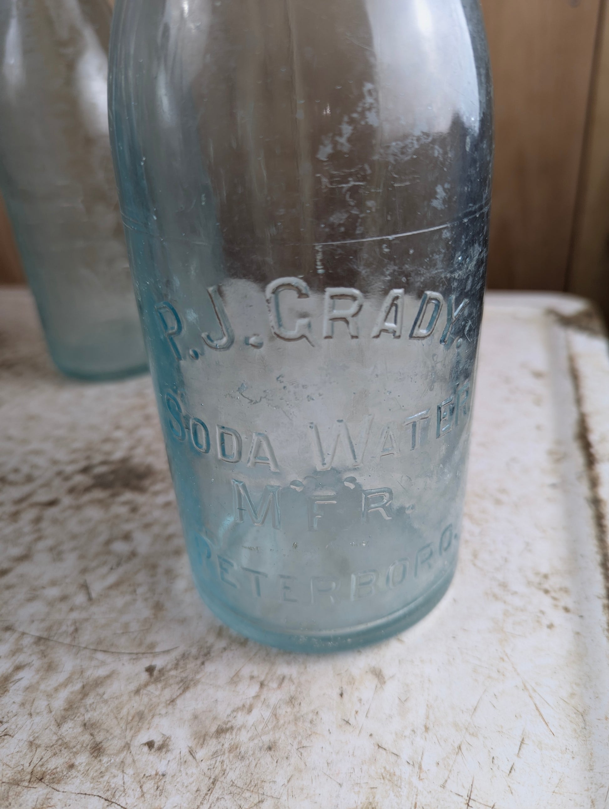 Antique P.J. Grady Soda Water Peterboro Embossed Aqua Glass Quart Bottle - view 2