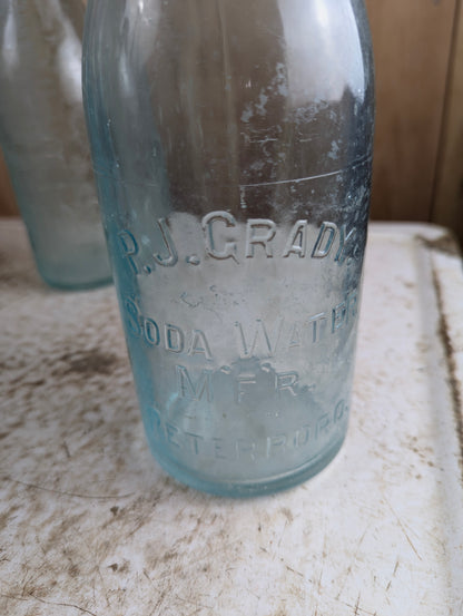 Antique P.J. Grady Soda Water Peterboro Embossed Aqua Glass Quart Bottle - view 2