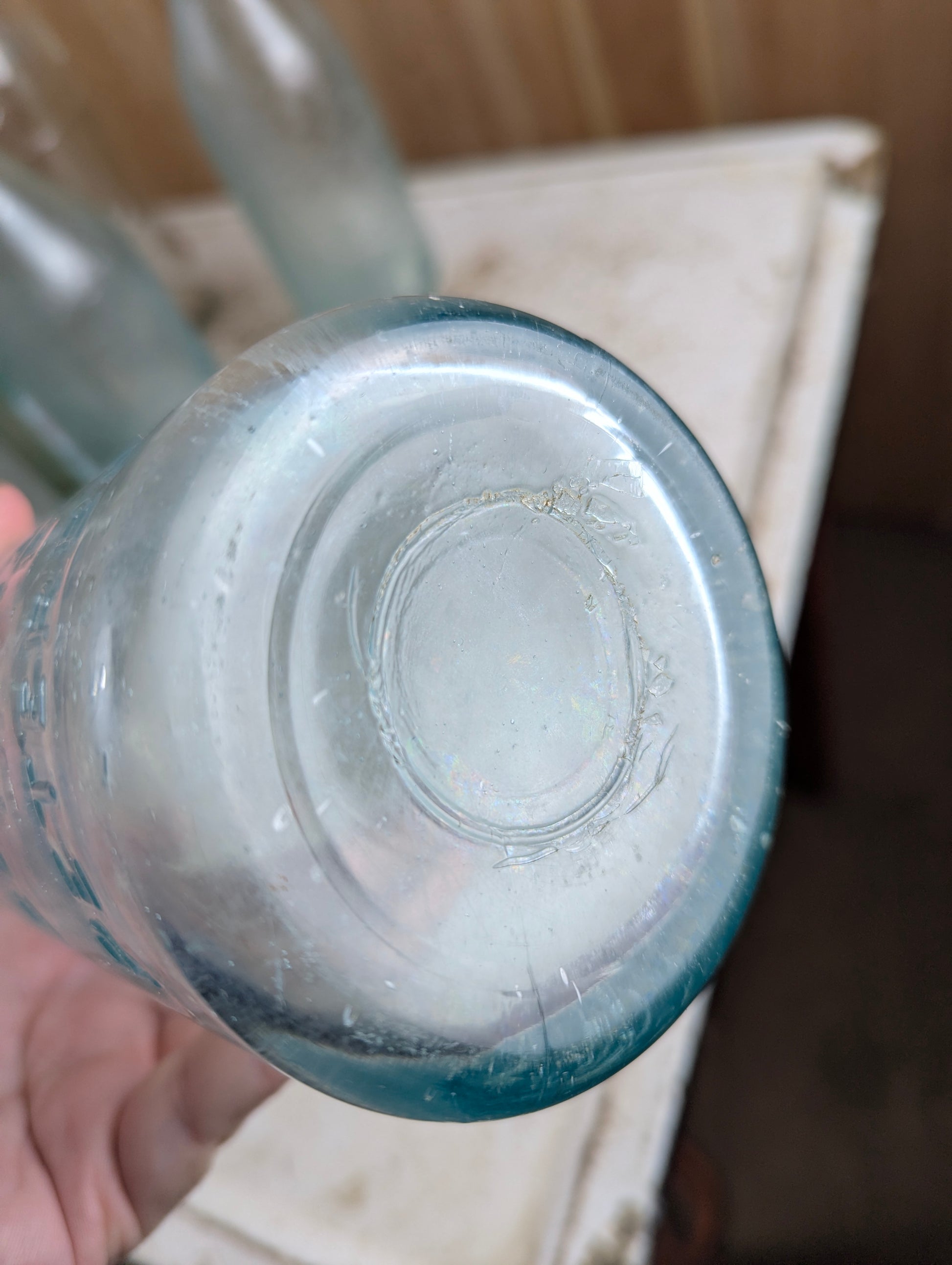 Antique P.J. Grady Soda Water Peterboro Embossed Aqua Glass Quart Bottle - view 3