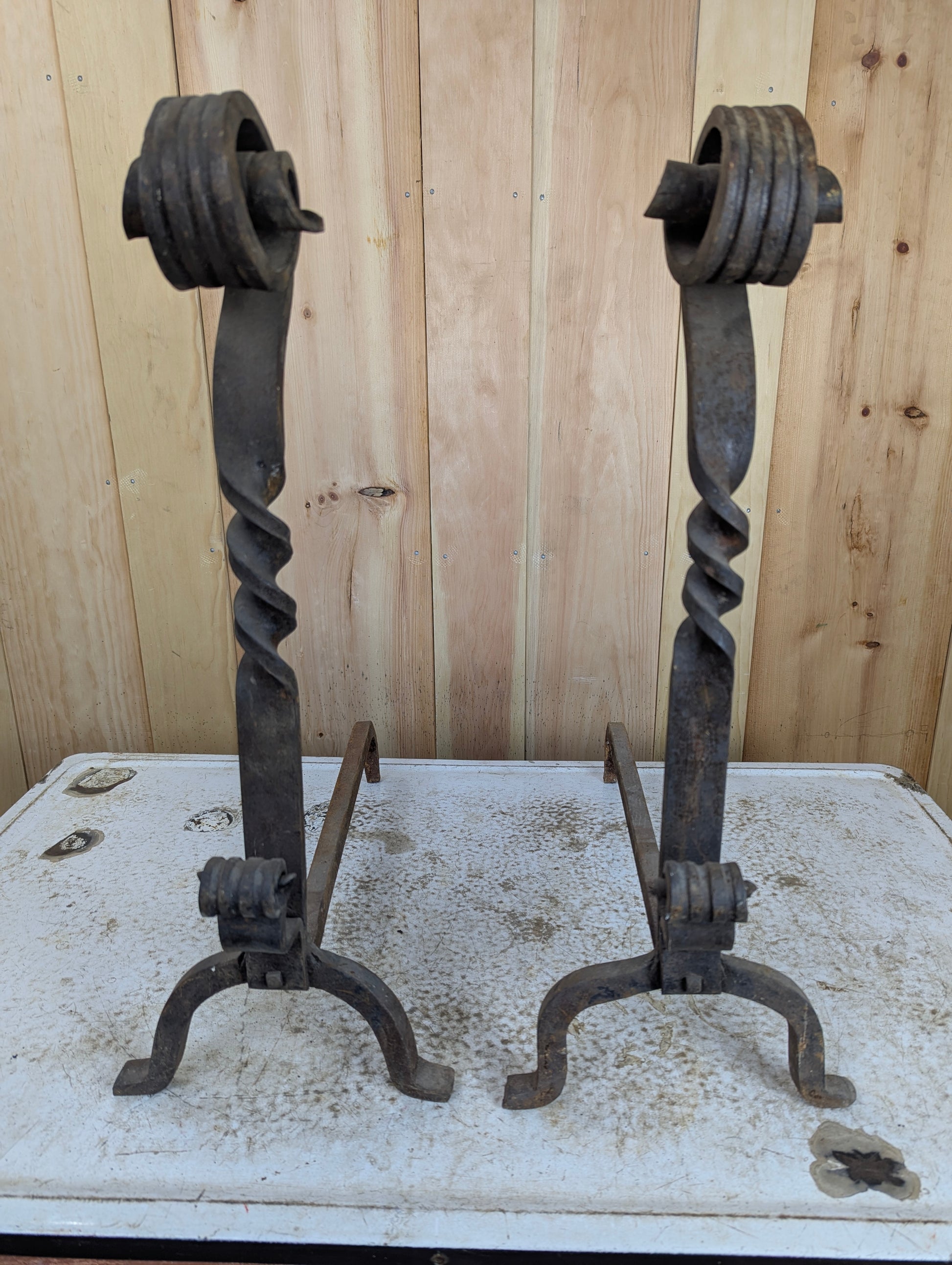 Antique Pair of Wrought Iron Andirons