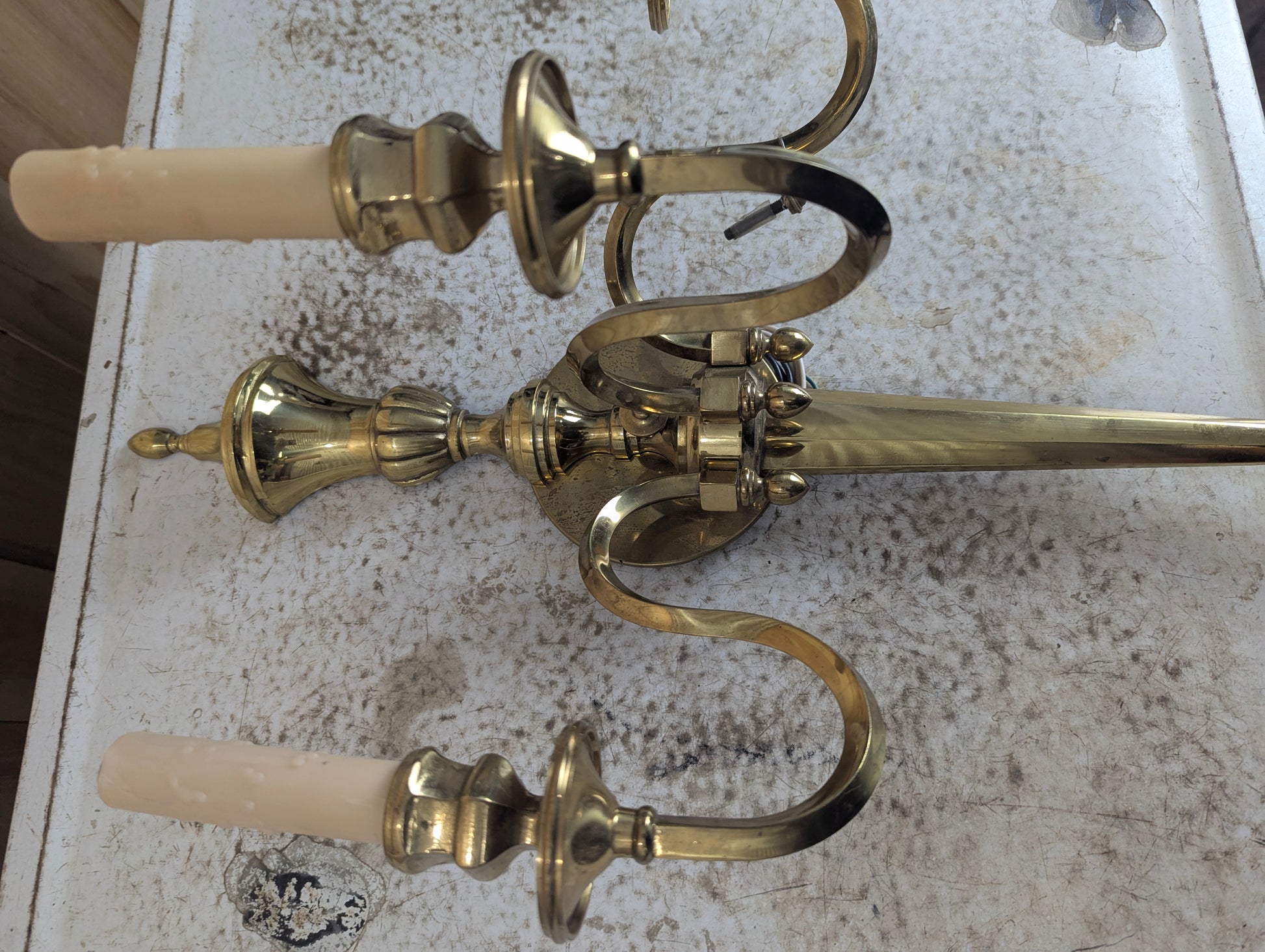 Antique Three-Arm Brass Wall Sconce - view 2