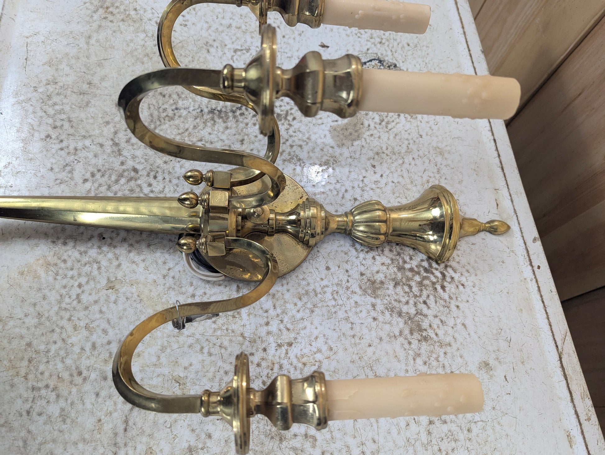 Antique Three-Arm Brass Wall Sconce - view 3