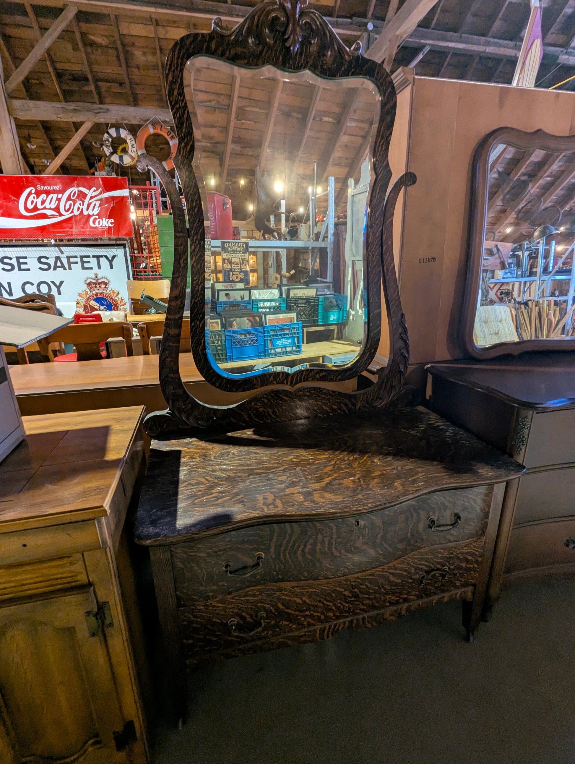Antique Tiger Oak Dresser with Swivel Mirror