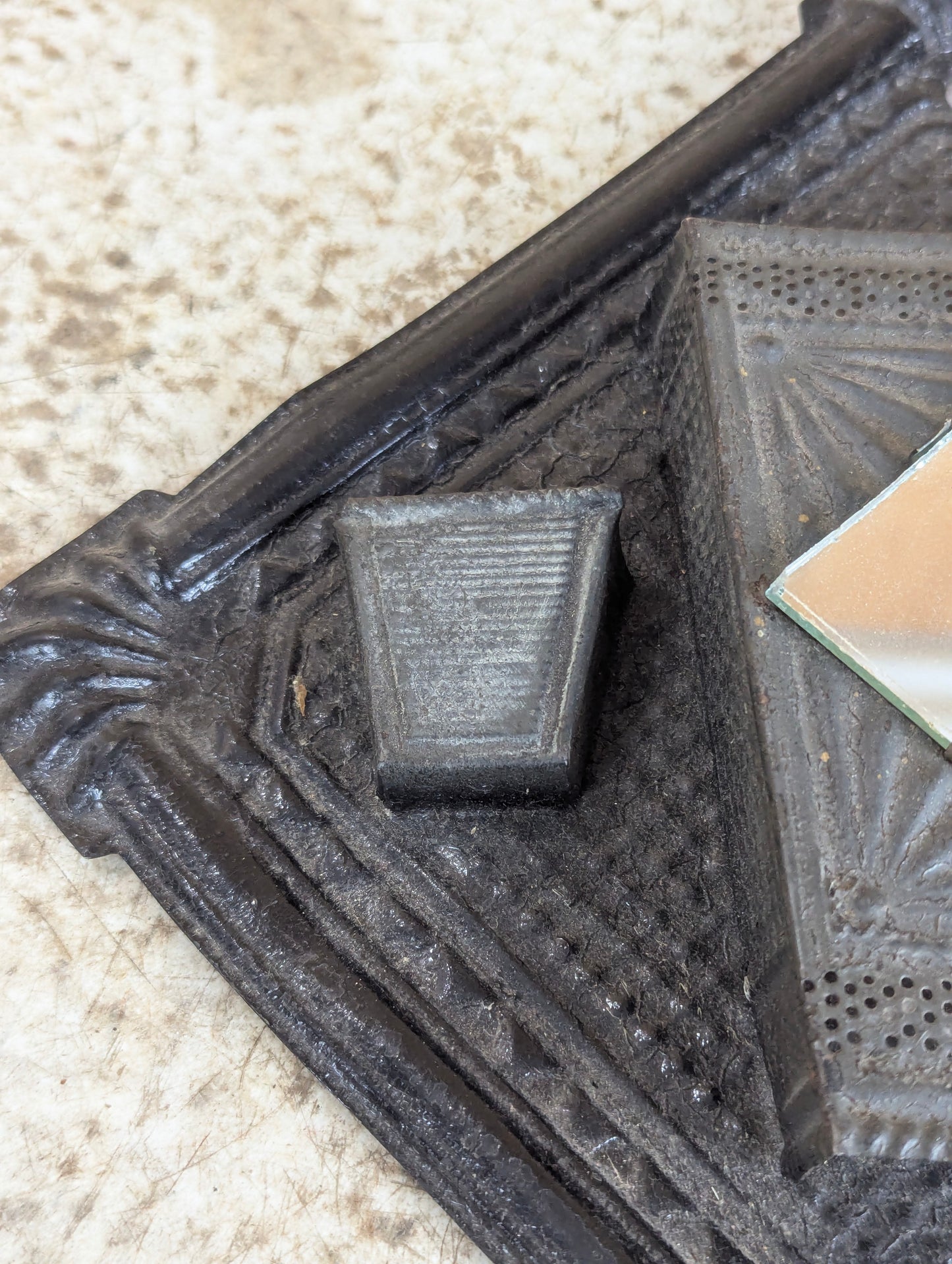 Antique Victorian Black Embossed Pressed Tin Double Match Holder Striker - view 3