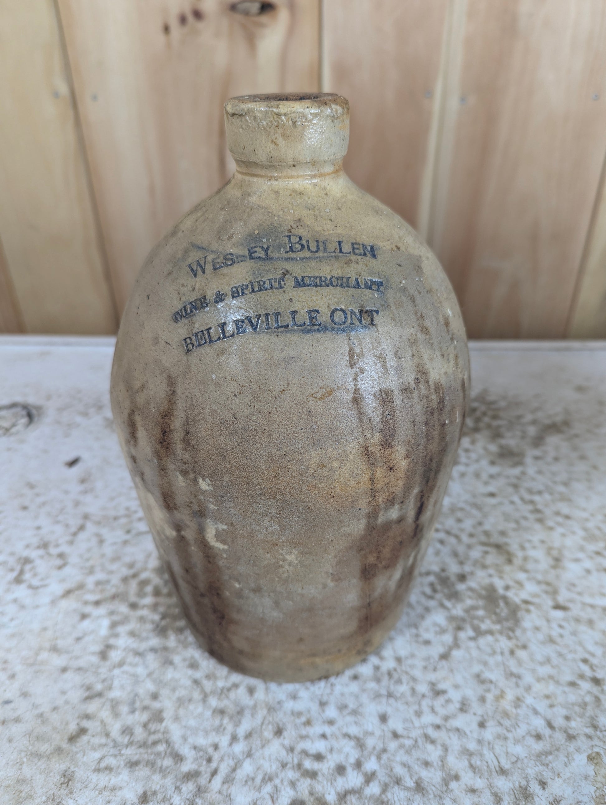 Antique Wesley Bullen Belleville Stoneware Whiskey Jug