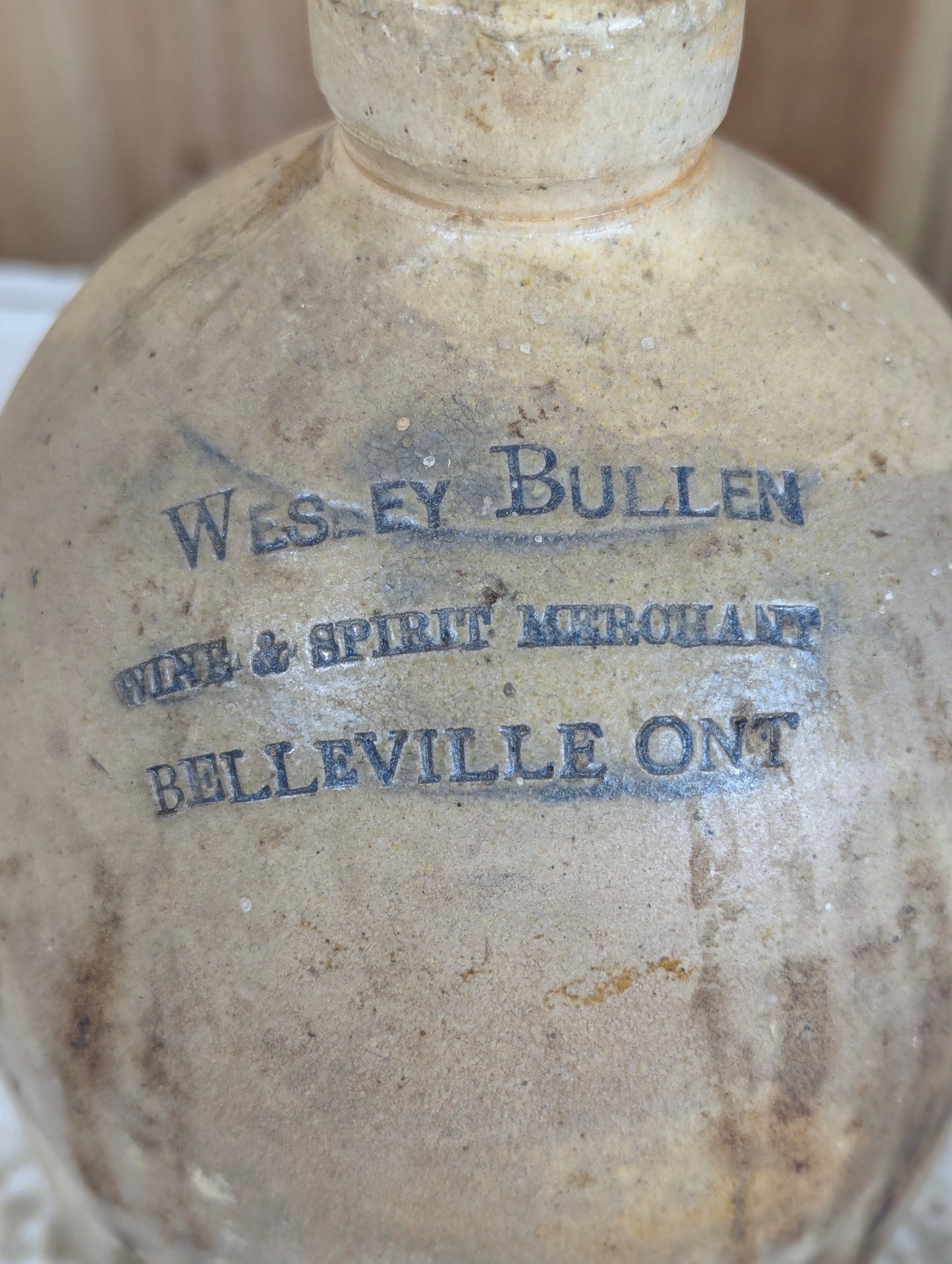 Antique Wesley Bullen Belleville Stoneware Whiskey Jug - view 2