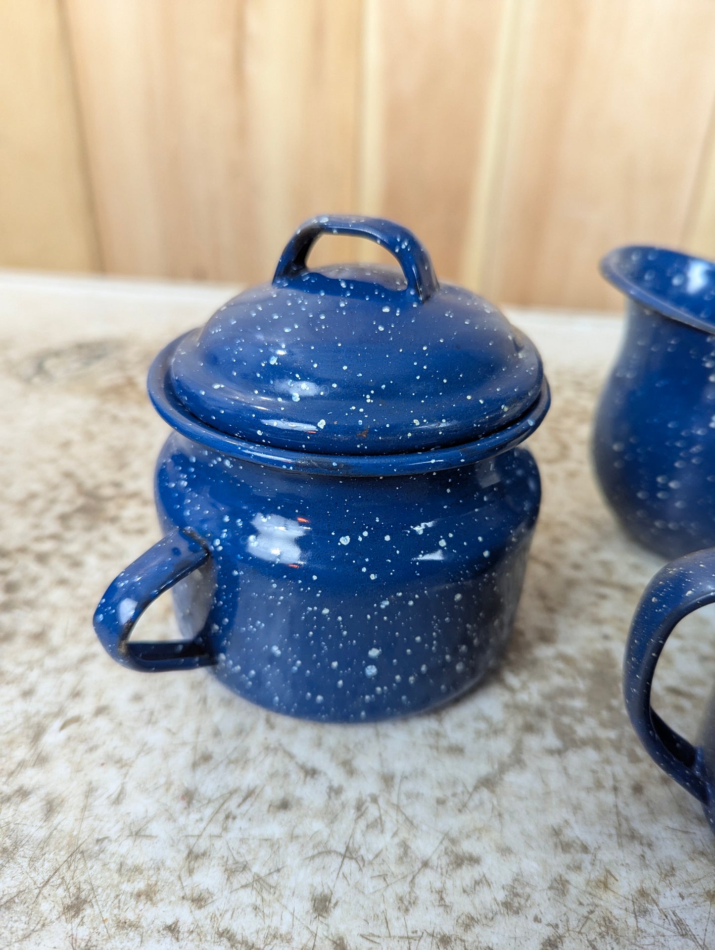 Blue & White Speckled 3 Piece Enamelware set of Creamer, Sugar Bowl and Mug - view 2