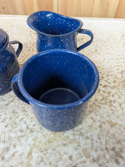 Blue & White Speckled 3 Piece Enamelware set of Creamer, Sugar Bowl and Mug - view 3