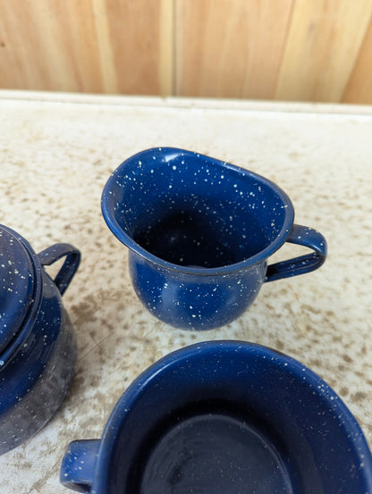 Blue & White Speckled 3 Piece Enamelware set of Creamer, Sugar Bowl and Mug - view 4