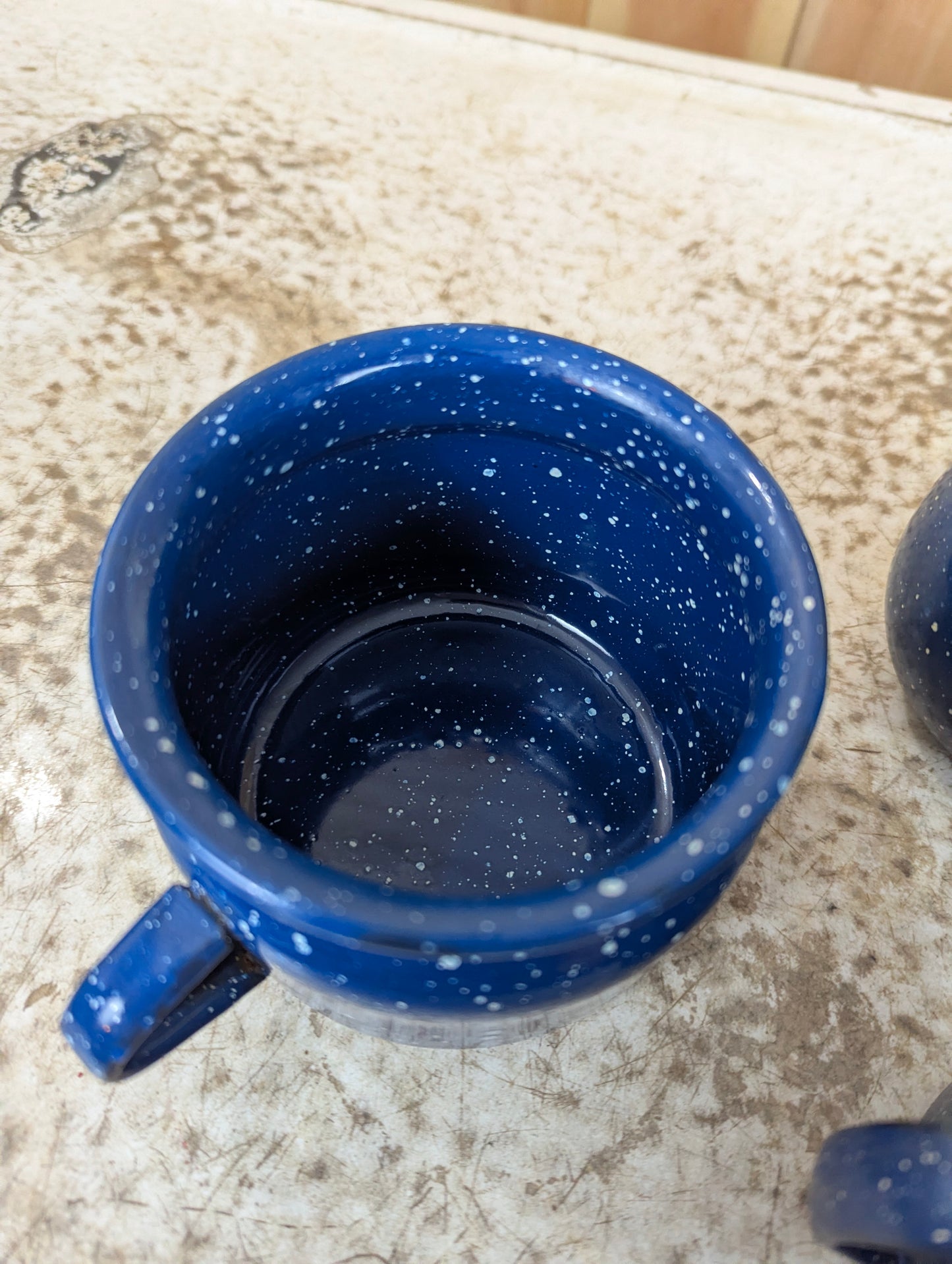 Blue & White Speckled 3 Piece Enamelware set of Creamer, Sugar Bowl and Mug - view 5