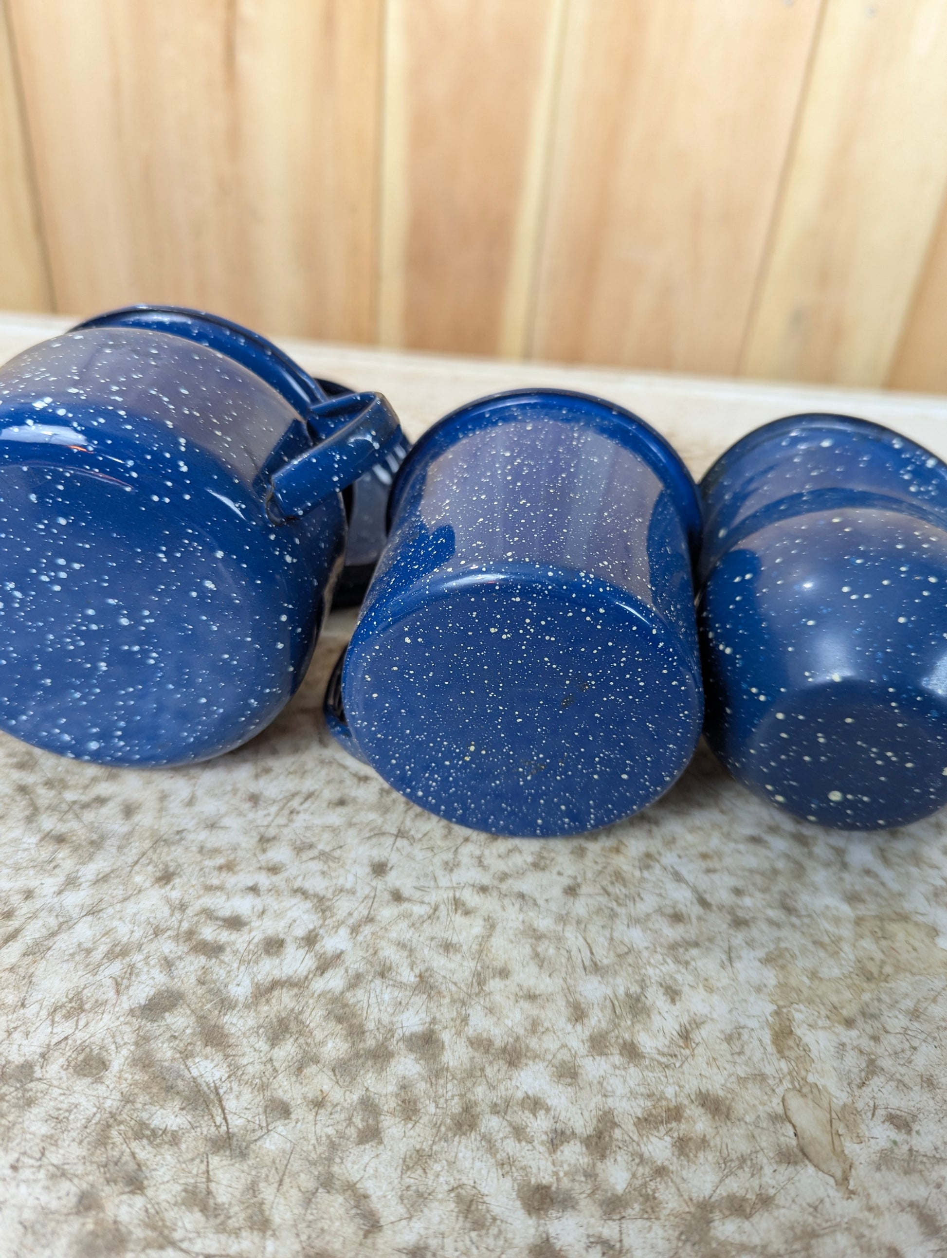 Blue & White Speckled 3 Piece Enamelware set of Creamer, Sugar Bowl and Mug - view 6