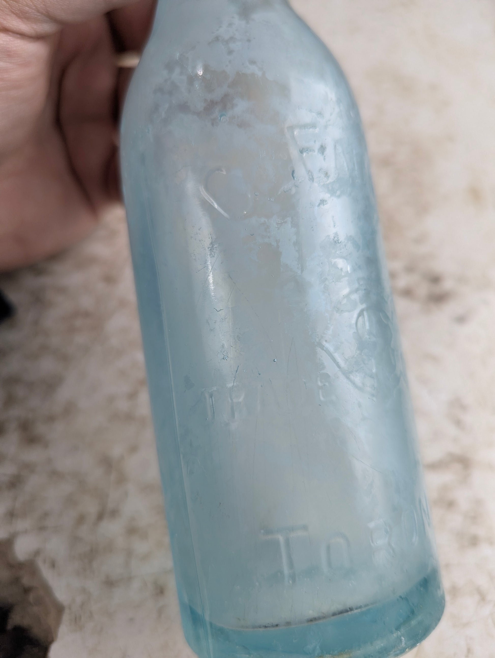C Feuman Toronto Antique Embossed Aqua Blue Glass Soda Bottle - view 2