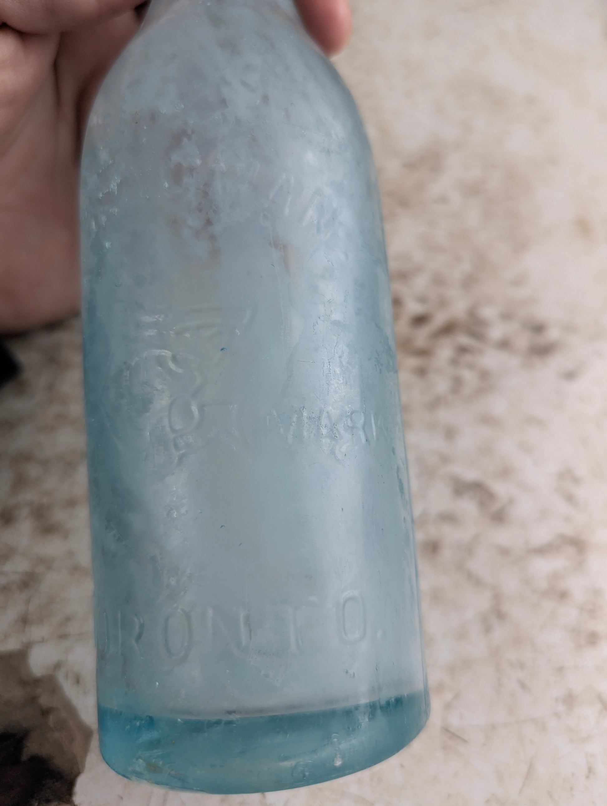 C Feuman Toronto Antique Embossed Aqua Blue Glass Soda Bottle - view 3