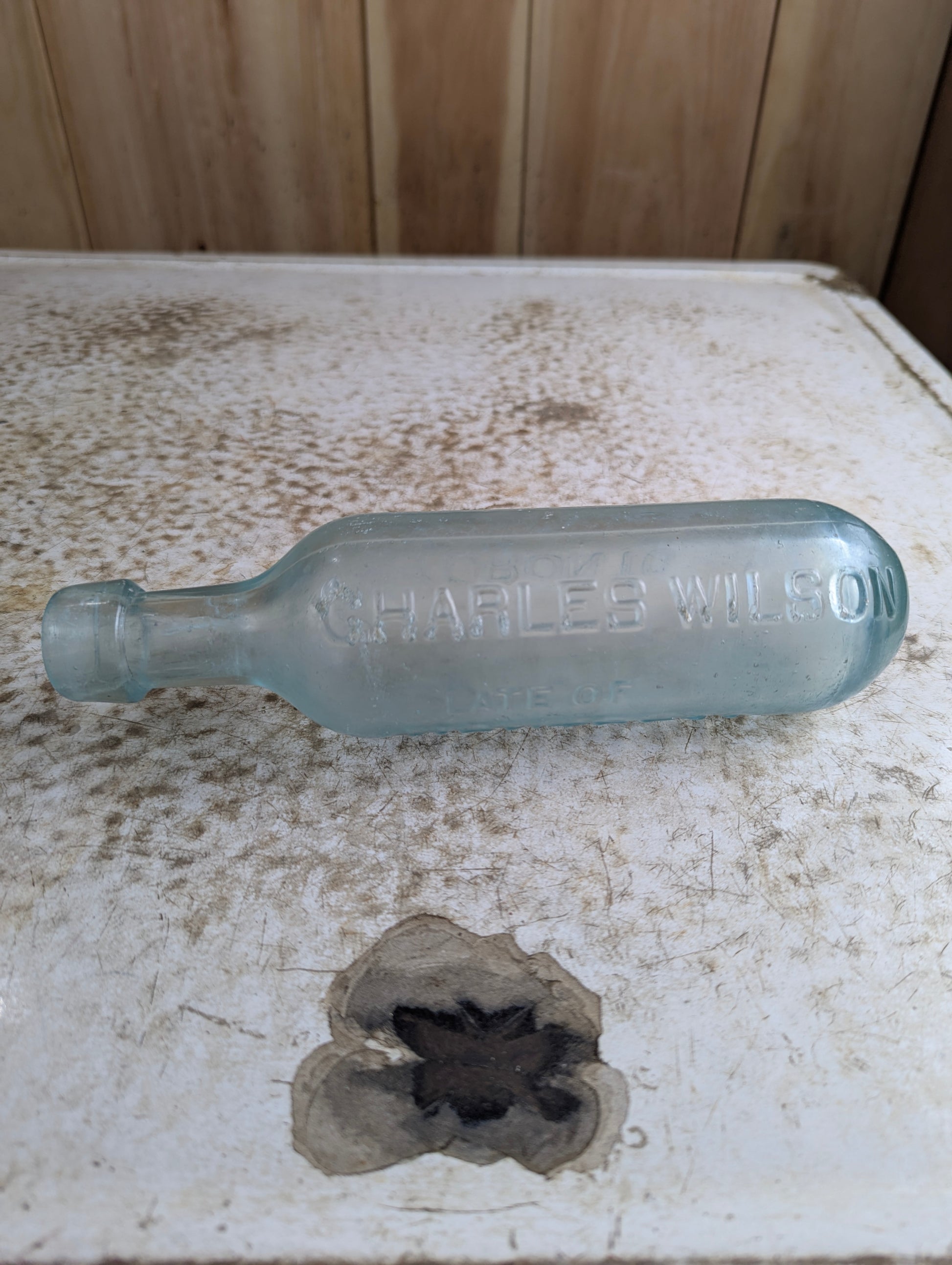 Charles Wilson Montreal Antique Embossed Aqua Glass Torpedo Hamilton Bottle