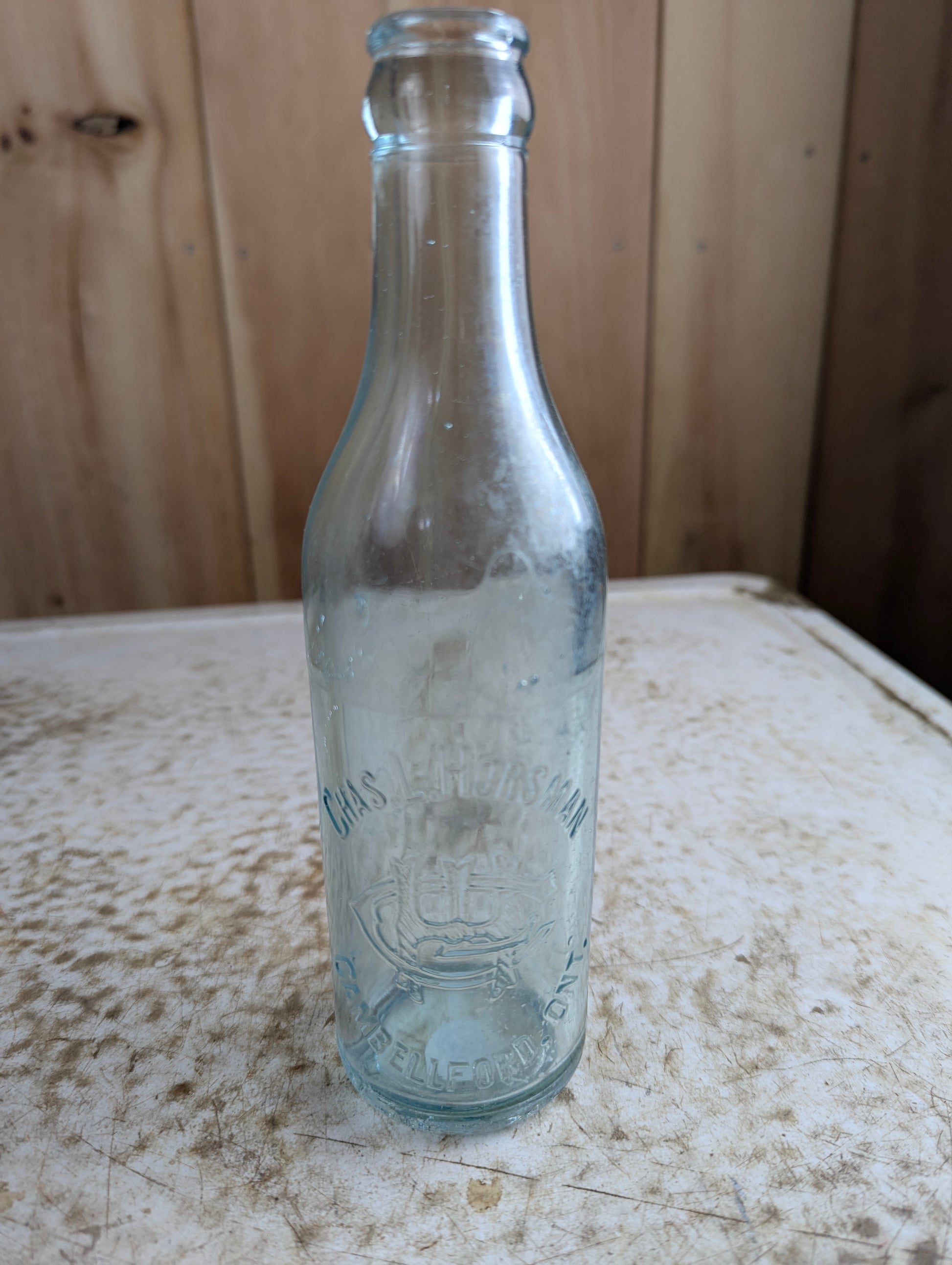 Chas.L.Horsman Campbellford Antique Embossed Aqua Blue Glass Soda Bottle