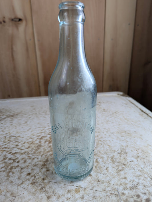 Chas.L.Horsman Campbellford Antique Embossed Aqua Blue Glass Soda Bottle
