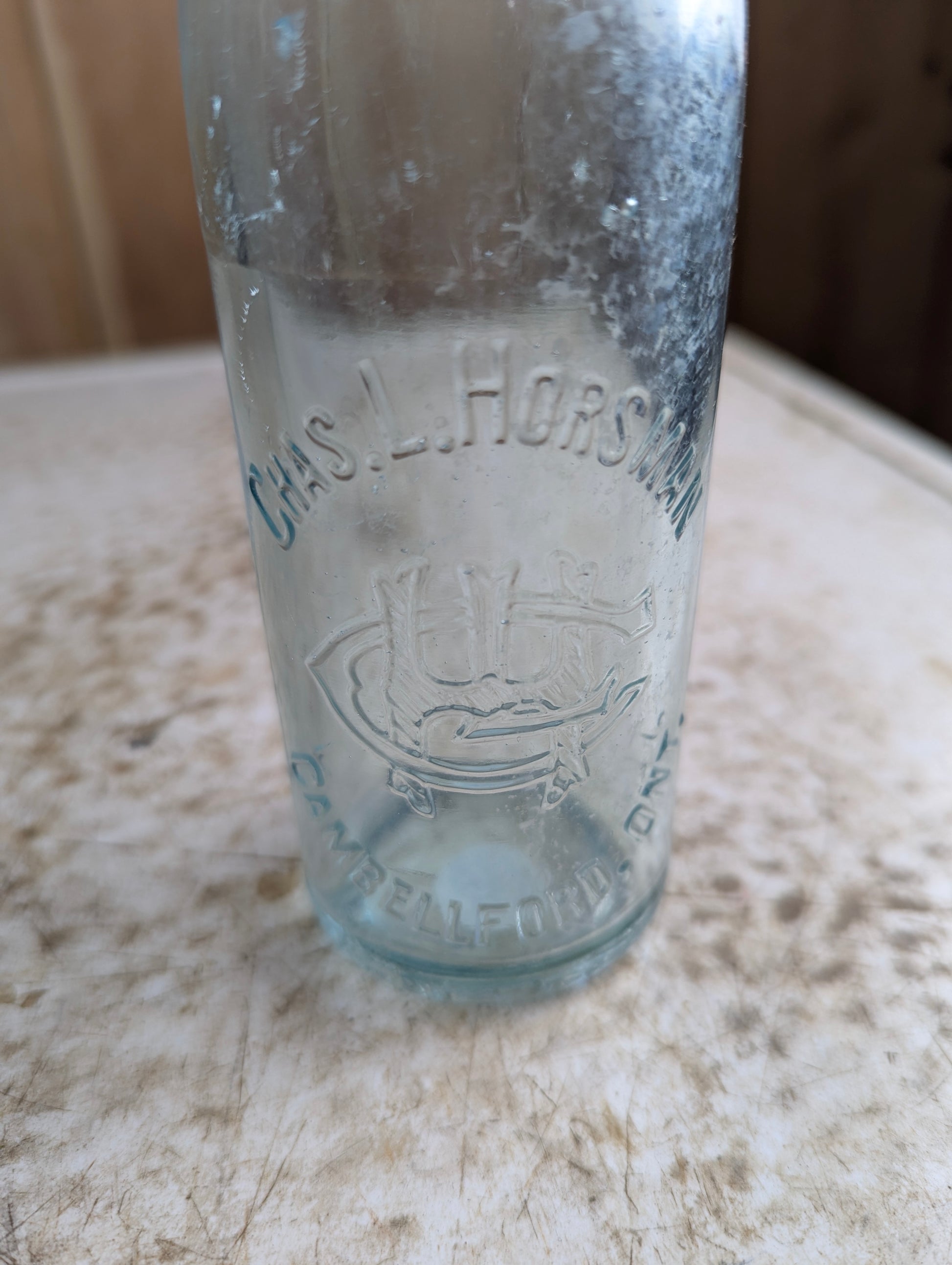 Chas.L.Horsman Campbellford Antique Embossed Aqua Blue Glass Soda Bottle - view 2