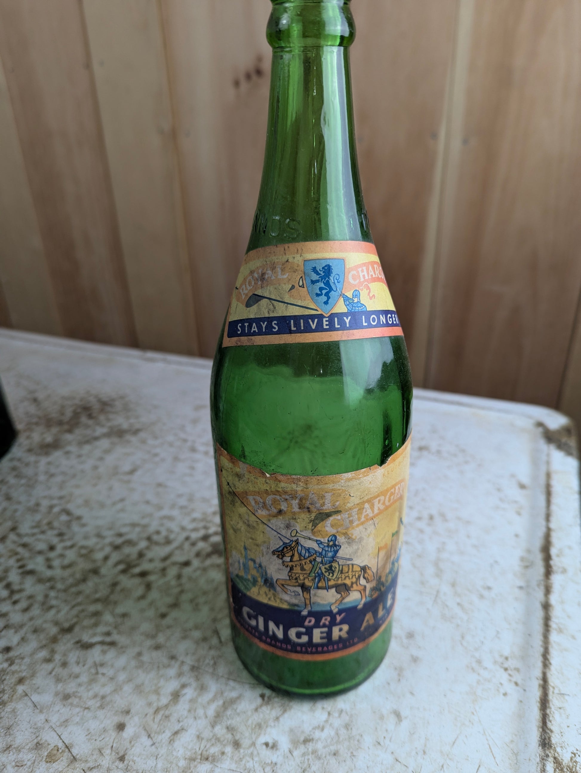 Early 1960s 30oz Royal Charger Private Brands Green Glass Paper Label Soda Bottle