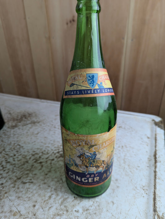 Early 1960s 30oz Royal Charger Private Brands Green Glass Paper Label Soda Bottle
