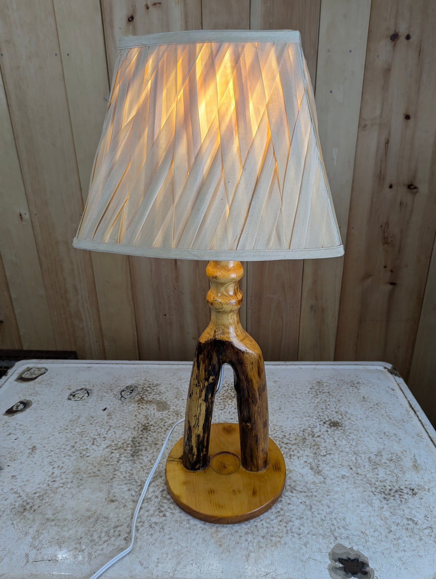 Handcrafted Hand churned Wooden Based Table Lamp with Shade