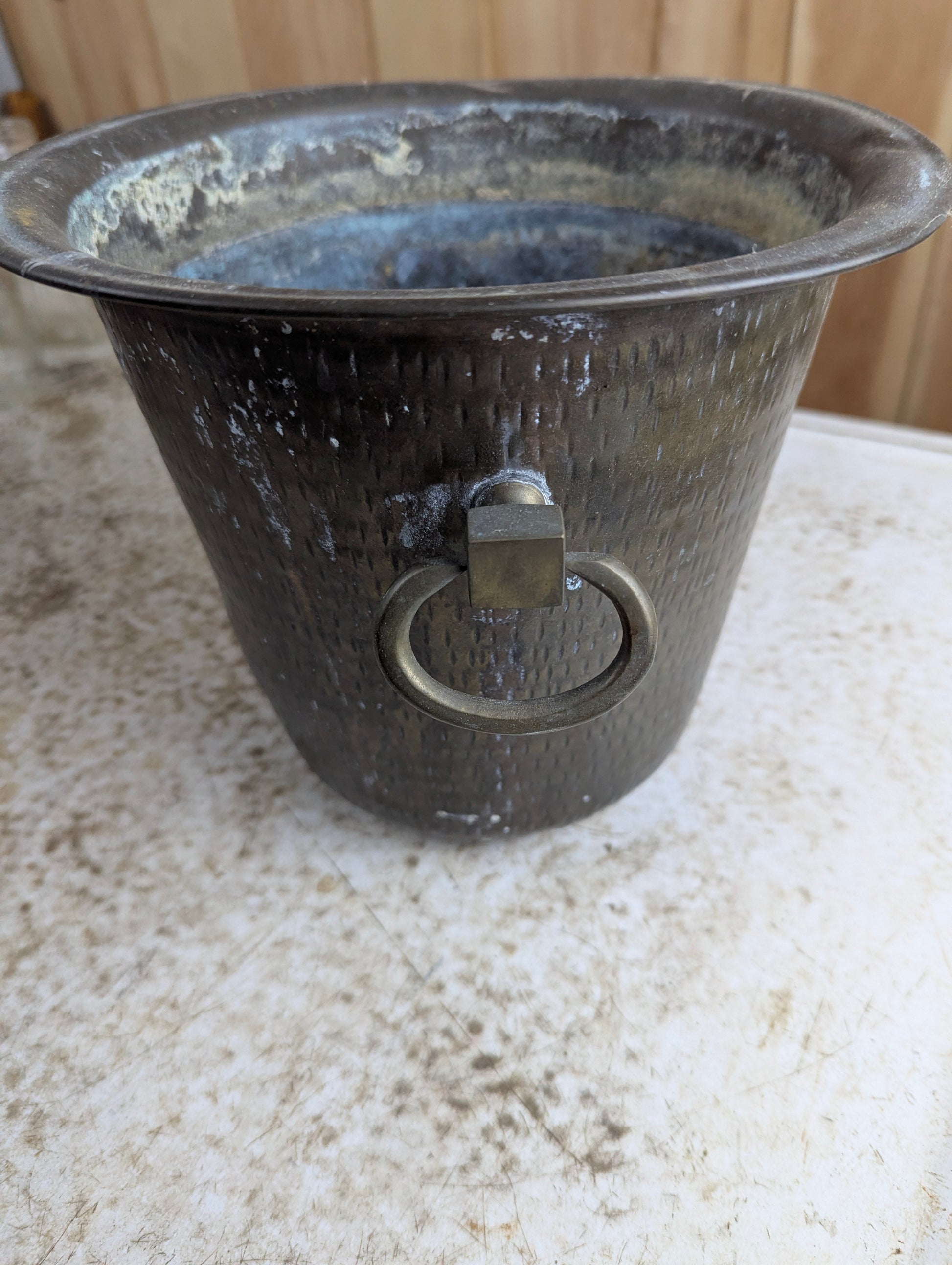 Indian Hammered Brass Bucket Planter with Handles - view 2