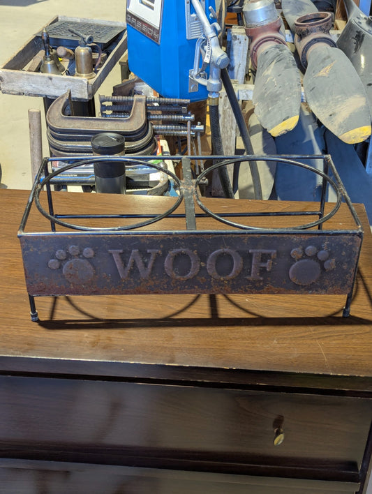 Vintage Rustic Metal WOOF Pet Bowl Stand with Paw Prints