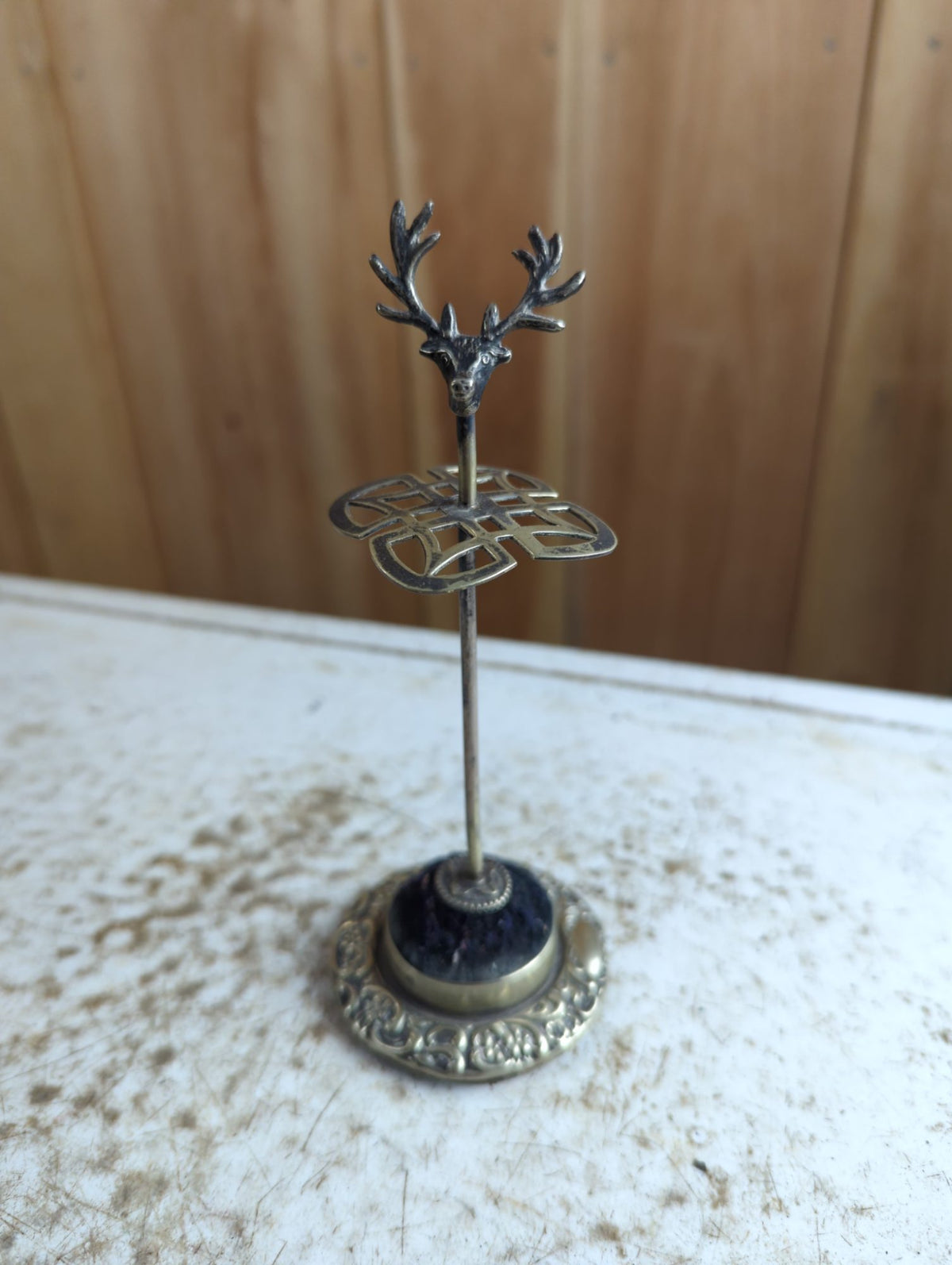 Antique Stag Head Pin Cushion Stand with Celtic Knot Tray and Hallmarked Base