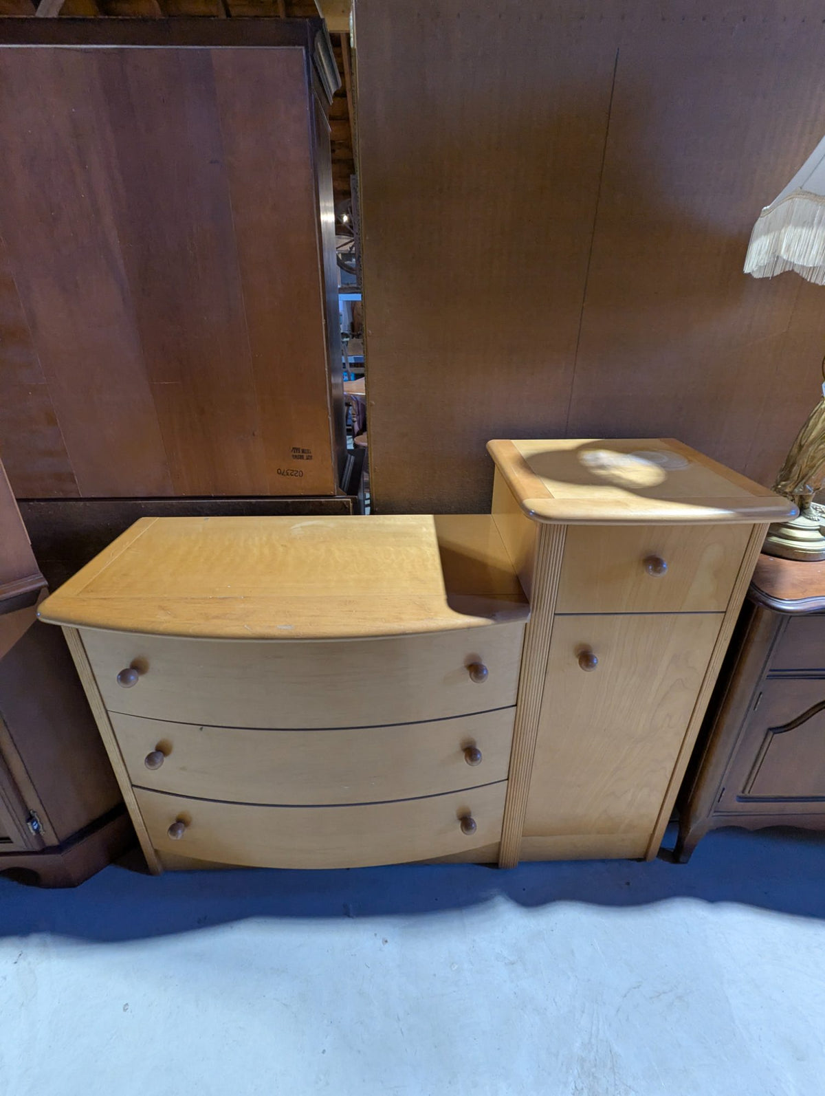 Vintage Maple Bow Front Chest of Drawers with Side Cabinet