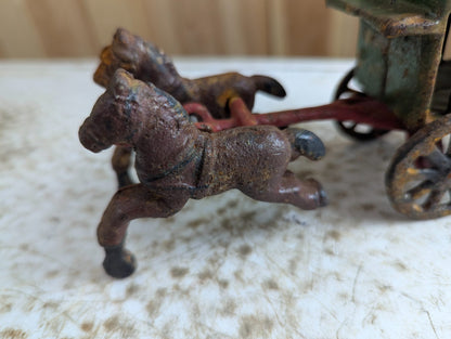 Vintage Cast Iron Horse-Drawn Carriage Toy with Green Canopy Coach