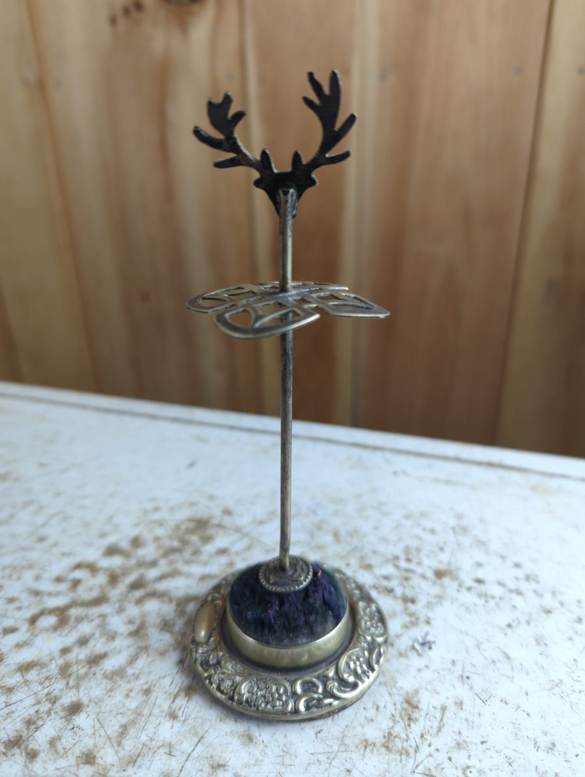 Antique Stag Head Pin Cushion Stand with Celtic Knot Tray and Hallmarked Base