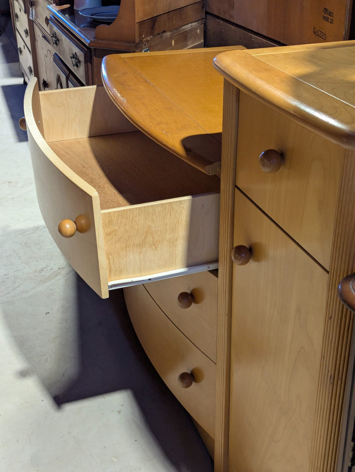 Vintage Maple Bow Front Chest of Drawers with Side Cabinet
