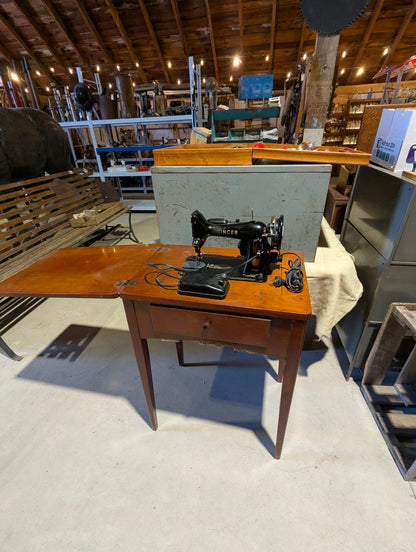 1940s Singer 99K Sewing Machine and Wood Drop-Leaf Sewing Table