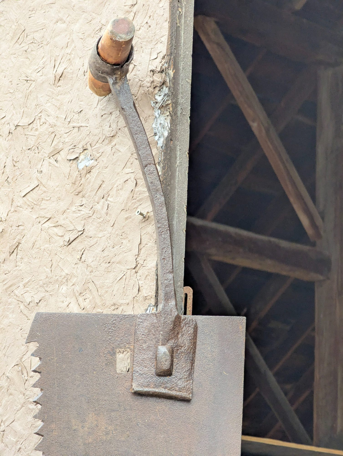 Vintage Oversized Steel Crosscut Saw Blade with Wall Bracket and Wood Handle