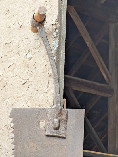 Vintage Oversized Steel Crosscut Saw Blade with Wall Bracket and Wood Handle