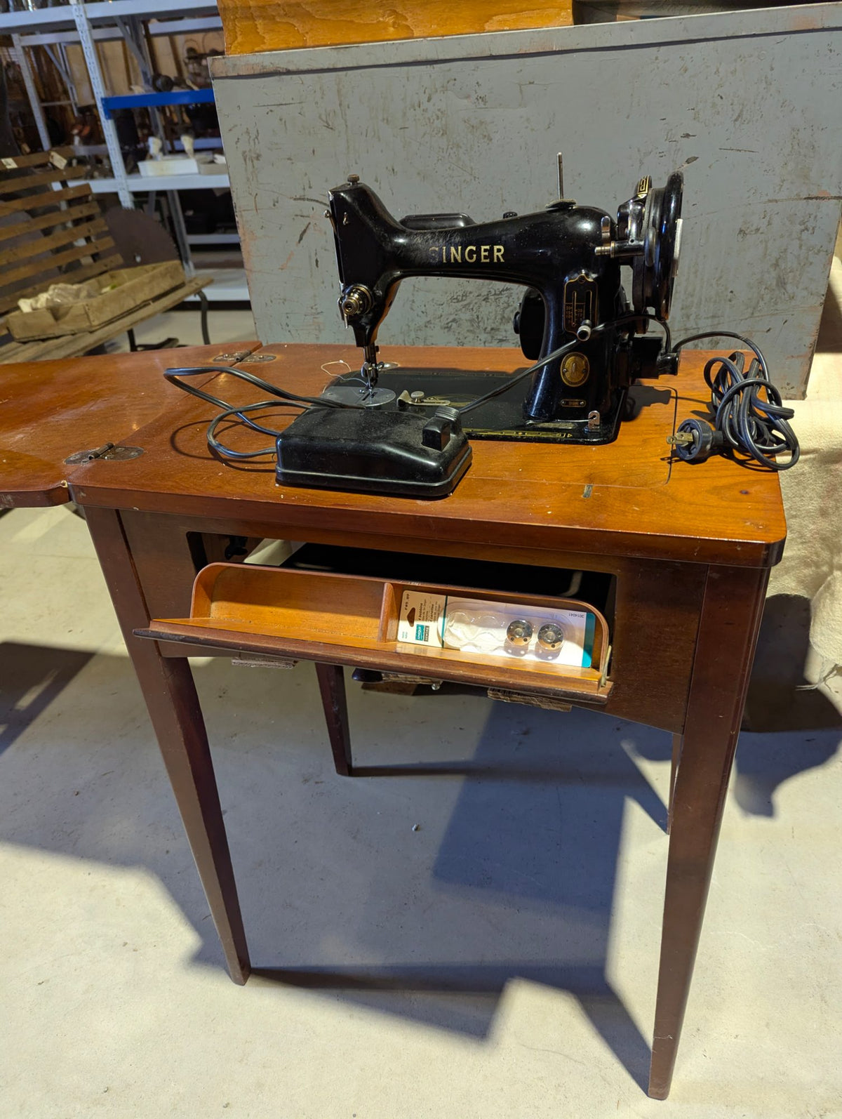 1940s Singer 99K Sewing Machine and Wood Drop-Leaf Sewing Table