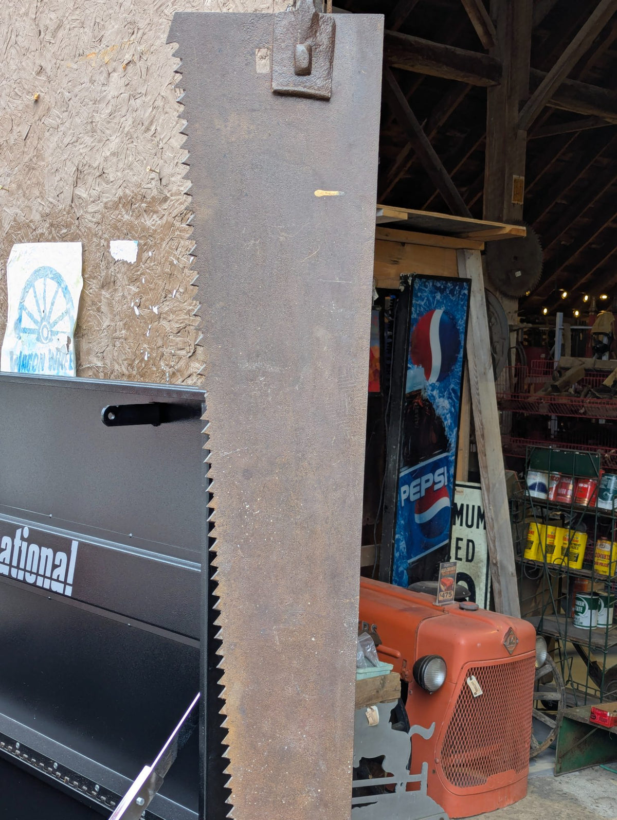 Vintage Oversized Steel Crosscut Saw Blade with Wall Bracket and Wood Handle