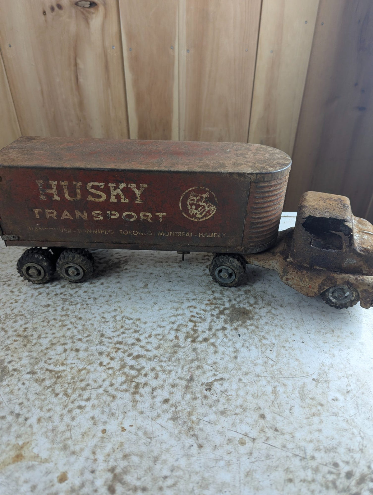 1950s Husky Transport Pressed Metal Tractor Trailer Toy Truck