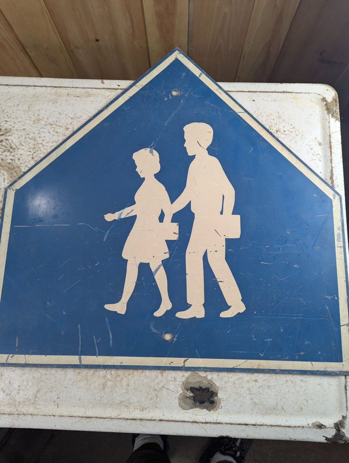 Vintage Blue and White School Crossing Sign with Children Silhouettes