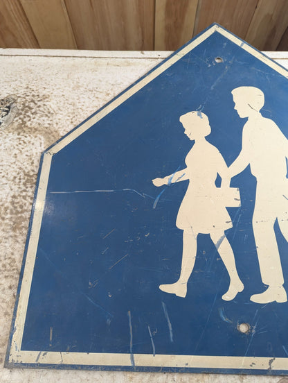 Vintage Blue and White School Crossing Sign with Children Silhouettes