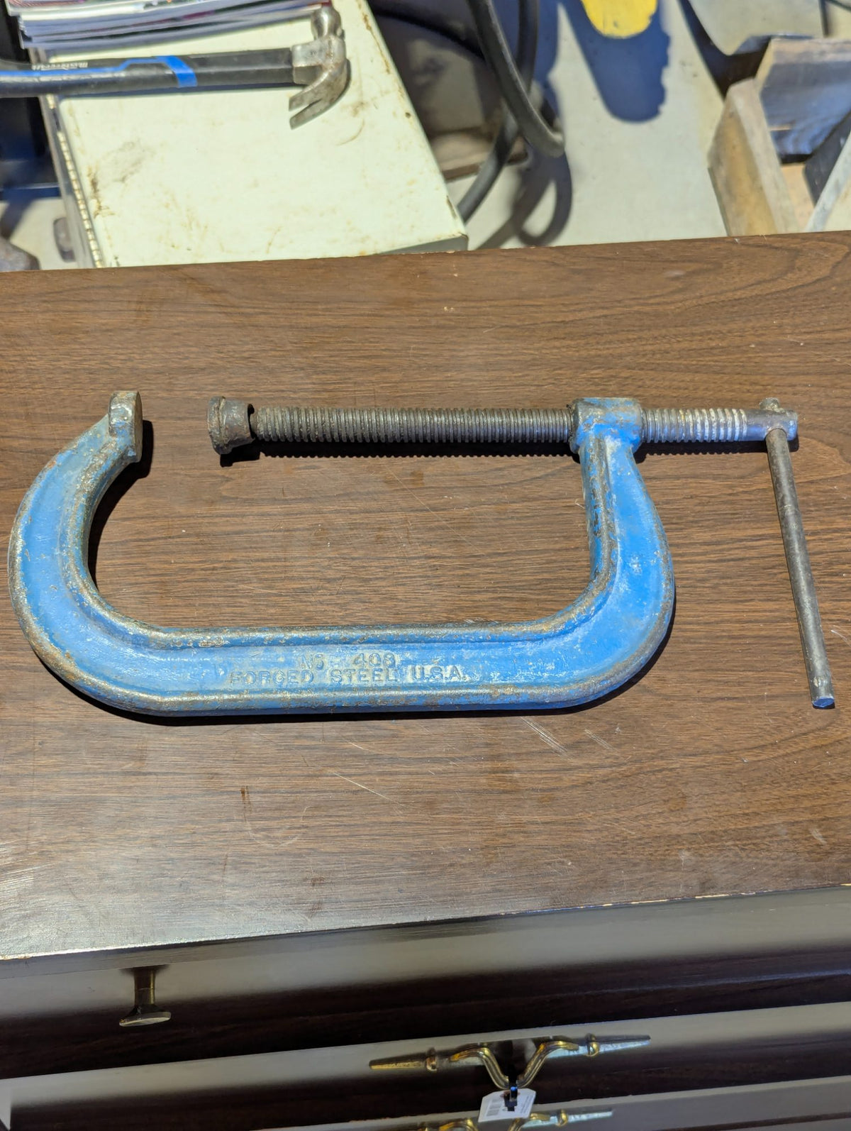 Vintage Forged Steel No. 408 C-Clamp, Blue Painted U.S.A. Made Hand Tool