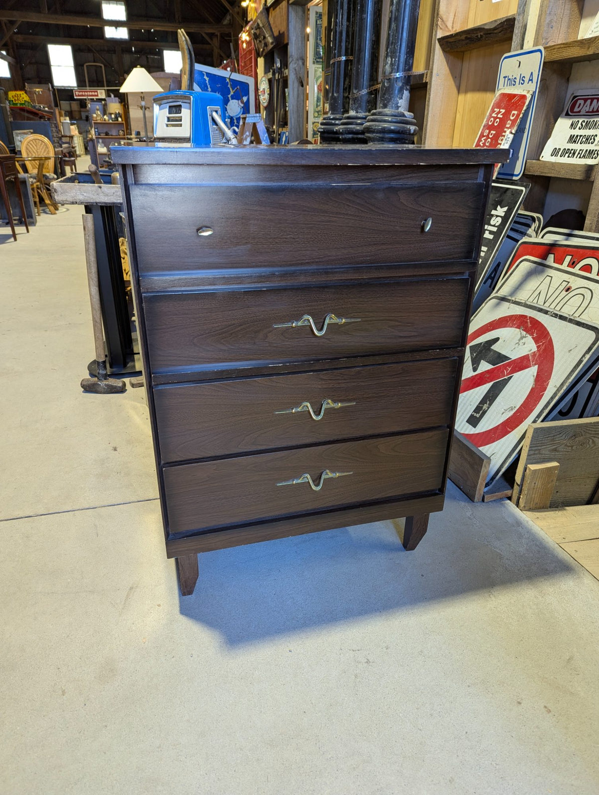 Mid-Century Dark Wood 4-Drawer Dresser with Sculpted Metal Pulls