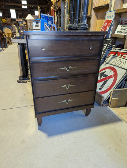 Mid-Century Dark Wood 4-Drawer Dresser with Sculpted Metal Pulls