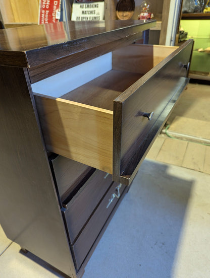 Mid-Century Dark Wood 4-Drawer Dresser with Sculpted Metal Pulls
