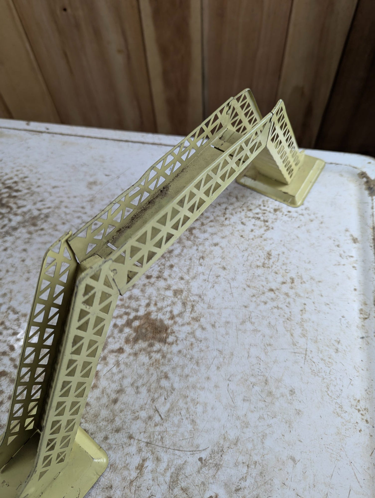 Vintage O Gauge Pressed Metal Lattice Train Bridge Pale Yellow