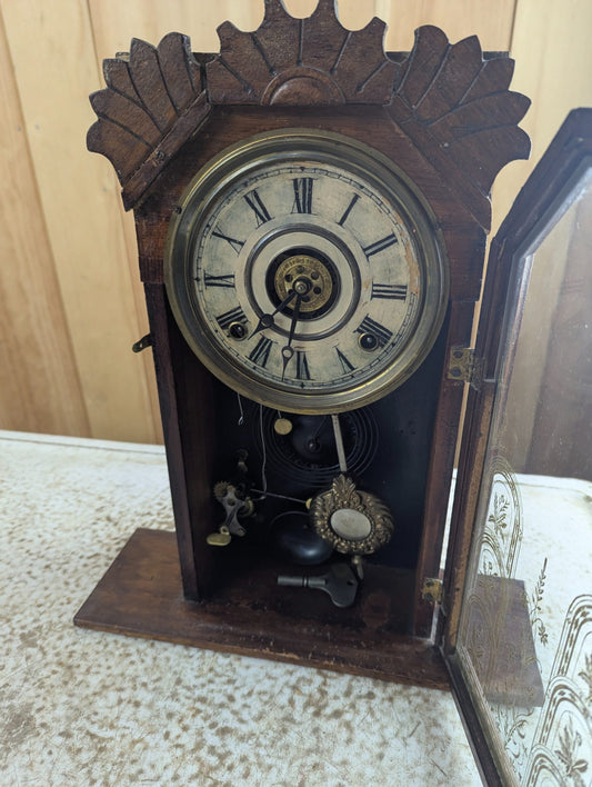 Antique Victorian E. Ingraham Walnut Gingerbread Clock with Painted Glass Door - Tested Working