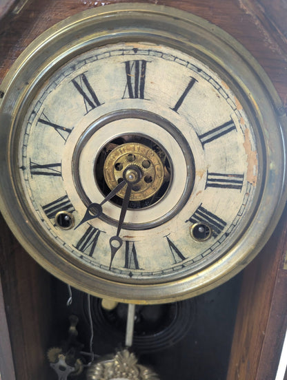 Antique Victorian E. Ingraham Walnut Gingerbread Clock with Painted Glass Door - Tested Working