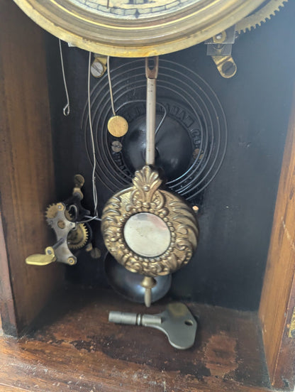 Antique Victorian E. Ingraham Walnut Gingerbread Clock with Painted Glass Door - Tested Working