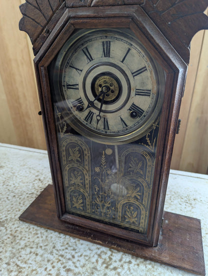 Antique Victorian E. Ingraham Walnut Gingerbread Clock with Painted Glass Door - Tested Working