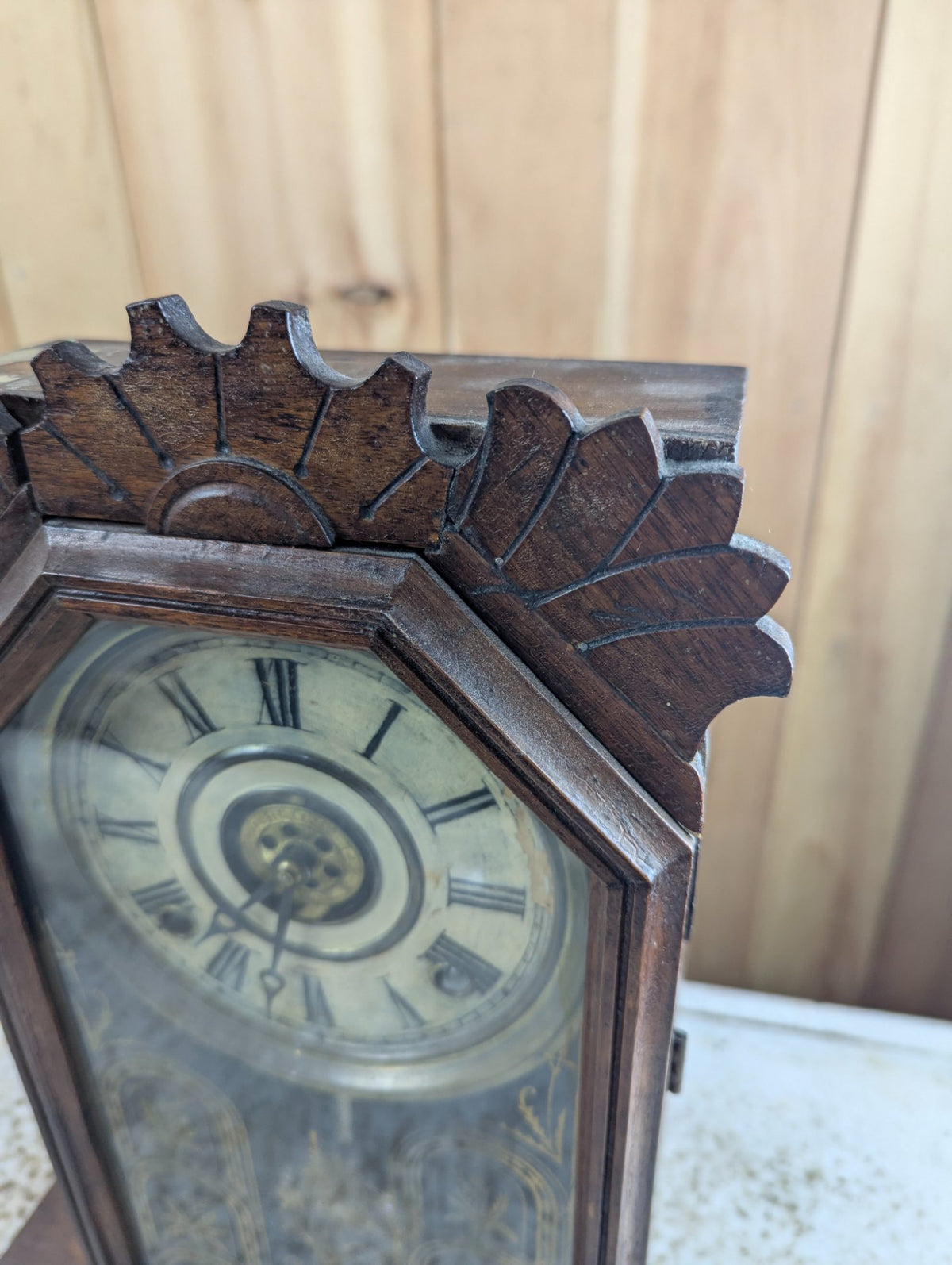 Antique Victorian E. Ingraham Walnut Gingerbread Clock with Painted Glass Door - Tested Working